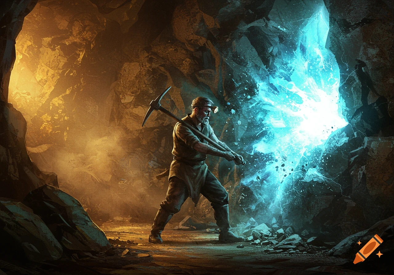 A miner strikes a rock in a cave, causing a bright blue light to erupt.