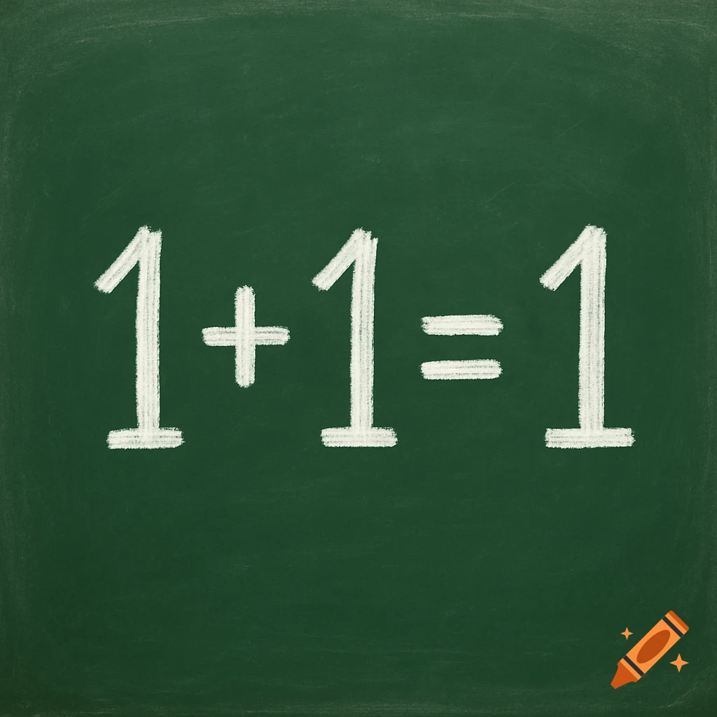 A math equation '1+1=1' written in white chalk on a green chalkboard.