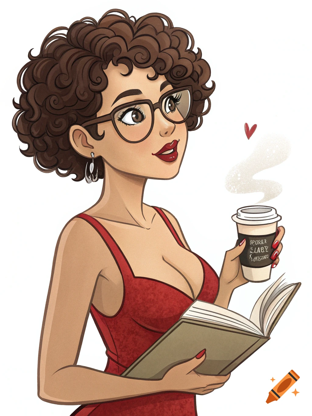 Illustration of a woman with curly hair and glasses holding a coffee and a book.