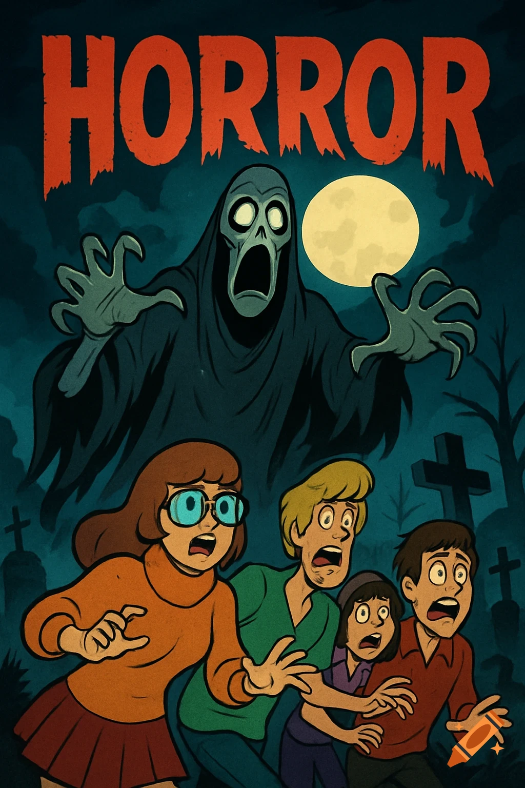 Cartoon characters similar to Scooby-Doo gang running from a ghost in a graveyard under a full moon, with the word 'HORROR' at the top