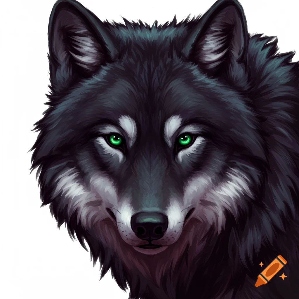 Close-up portrait of a black wolf with bright green eyes