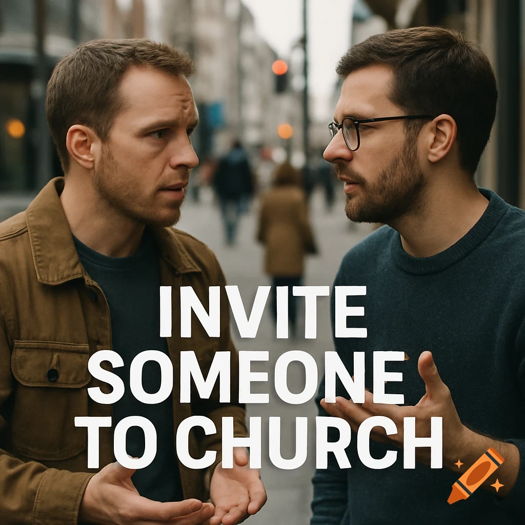 Two men talk on a street with text "INVITE SOMEONE TO CHURCH"