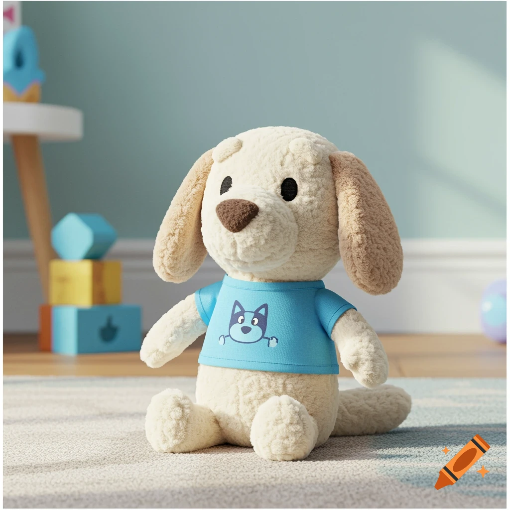 A plush toy dog wearing a blue shirt with a cartoon face, sitting on a rug in a children's room.