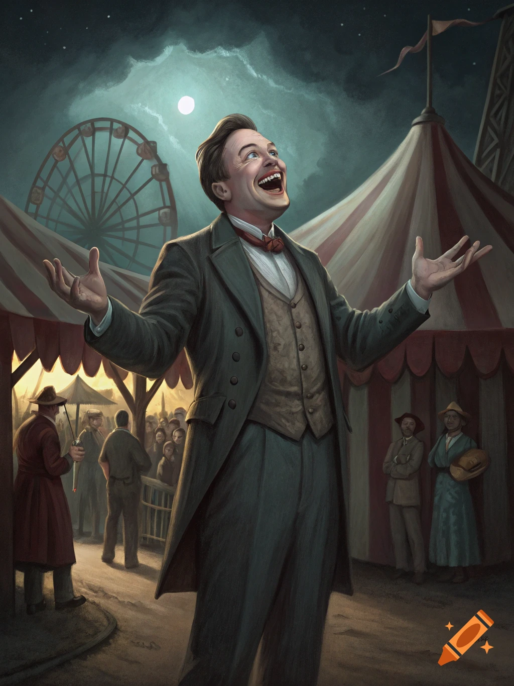 Illustrated portrait of a man resembling Elon Musk dressed as a sideshow barker at a night circus.