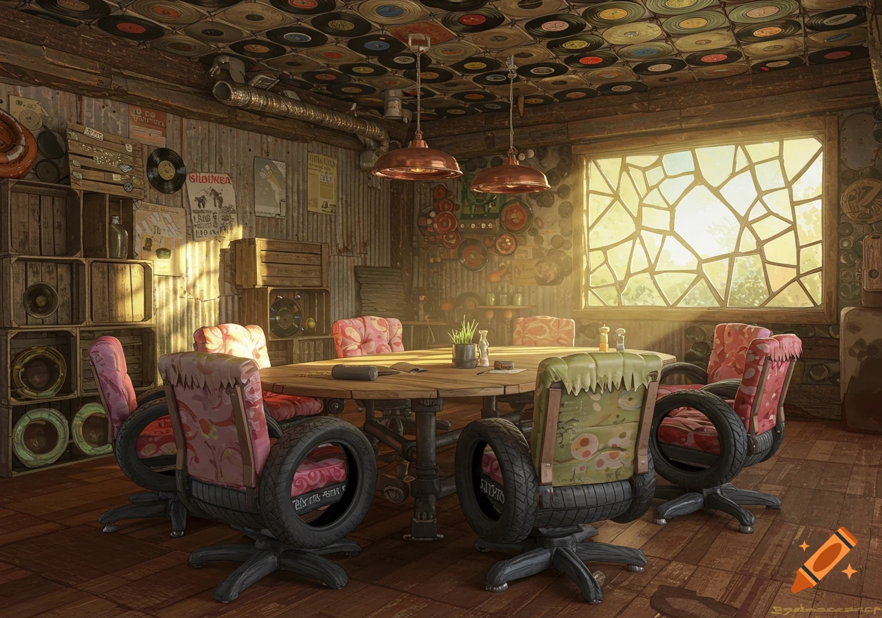Meeting room made from recycled materials with chairs from tires, record ceiling, and corrugated metal walls.