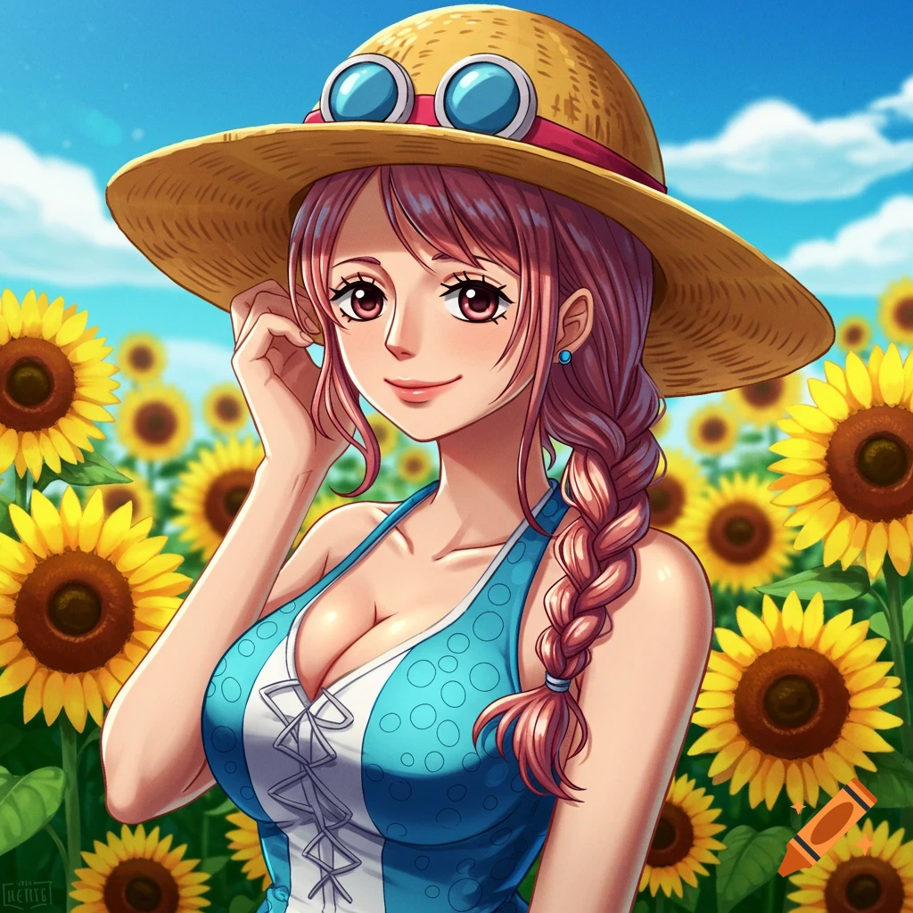 Anime character in straw hat and blue dress in a field of sunflowers.
