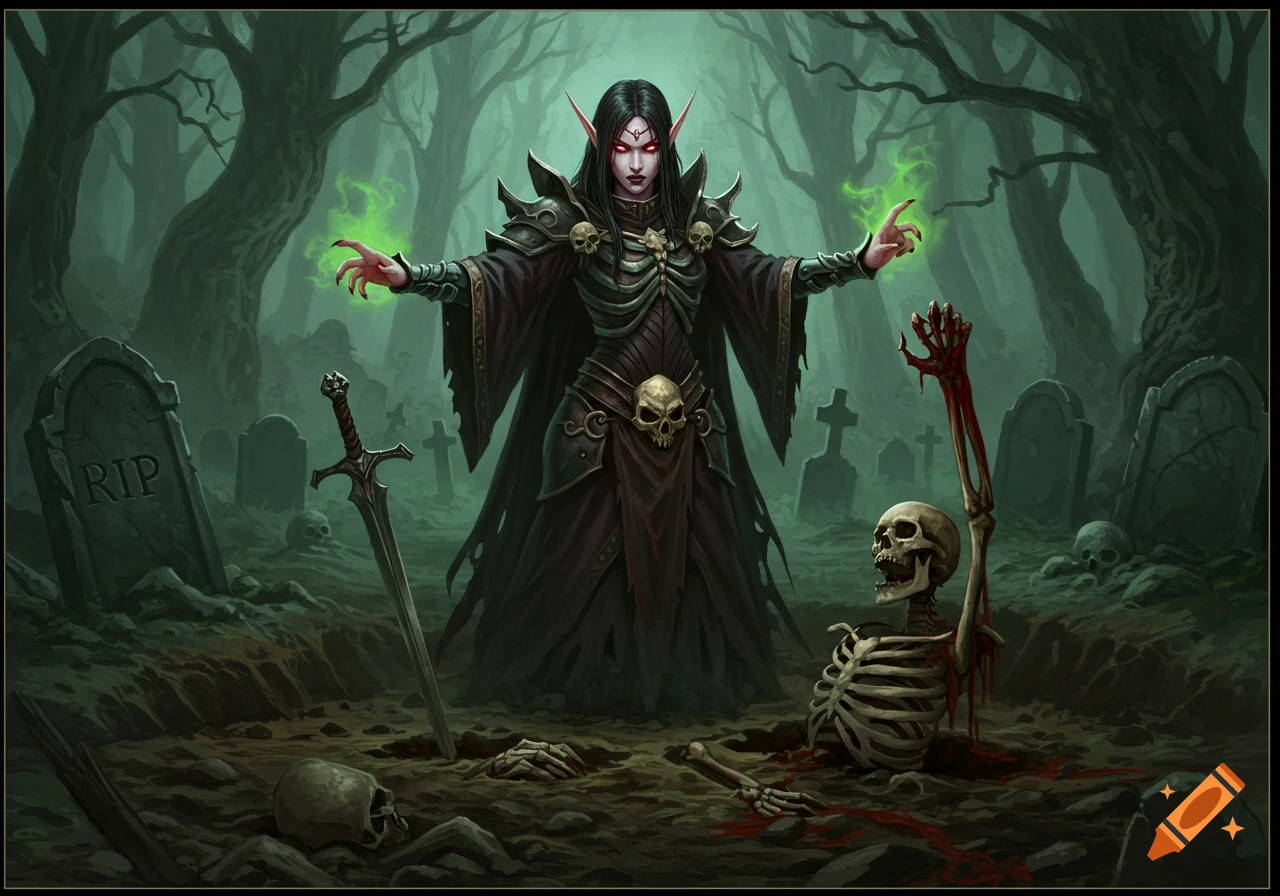 A female elven necromancer raises a skeleton from a grave in a dark, misty forest graveyard, in a fantasy art style.