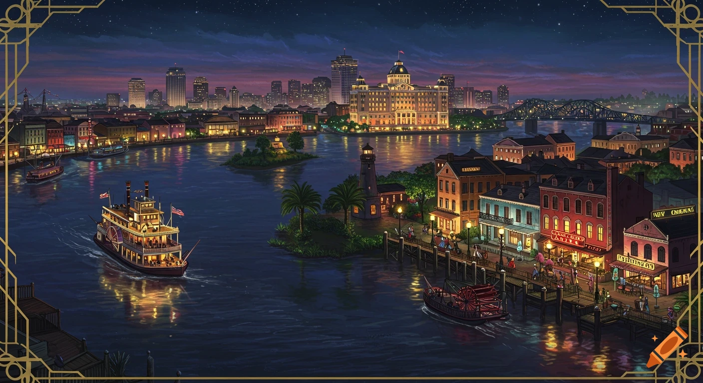 Night view of a vibrant river city, with a paddle steamer on the water, illuminated buildings along the shore, and a bridge in the background.