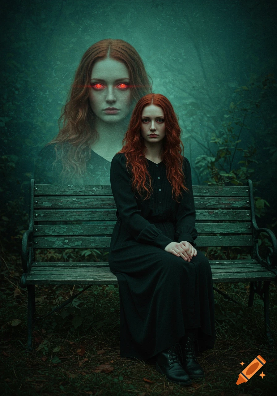 A woman sits on a bench in a dark forest; a ghostly version of her with glowing red eyes appears behind her, in a moody, painterly style.