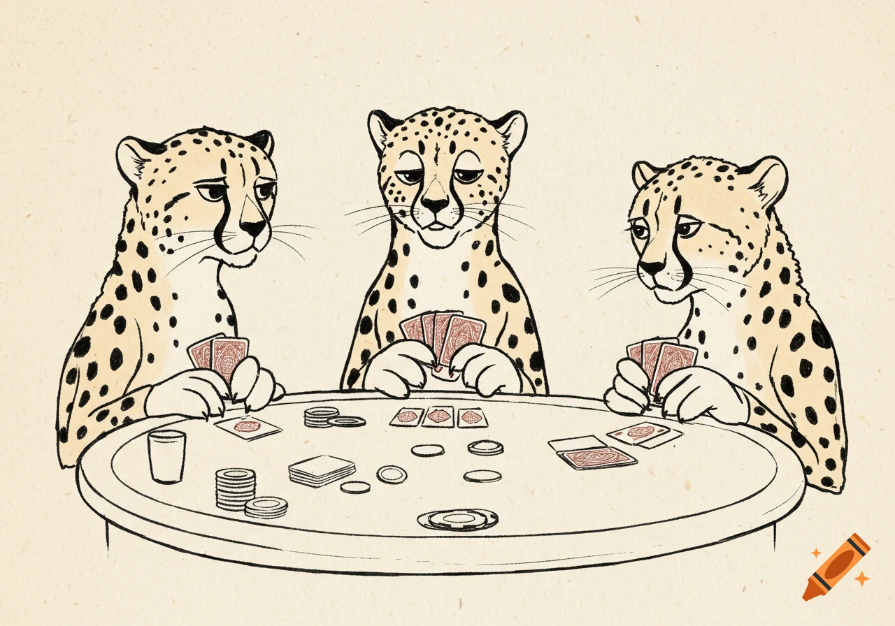 Outline illustration of three cheetahs playing poker around a table with cards and chips.