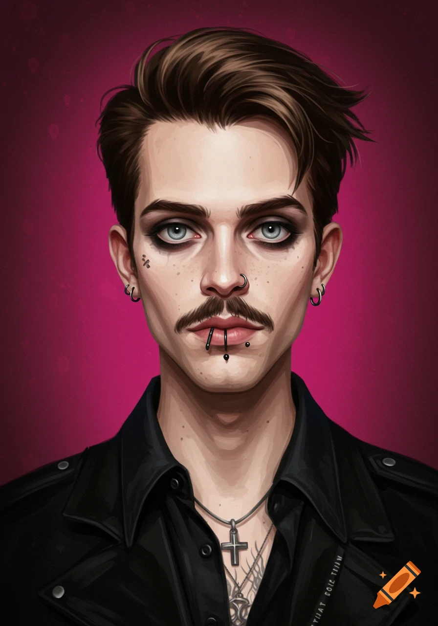 Portrait of a man with emo makeup, mustache, piercings, and a leather jacket against a pink background.