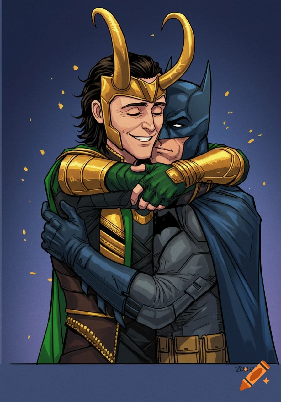 Comic art of Loki and Batman hugging