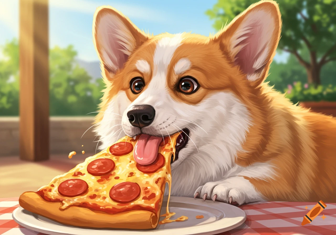 A cartoon illustration of a corgi dog eating a large slice of pepperoni pizza on a plate outdoors.