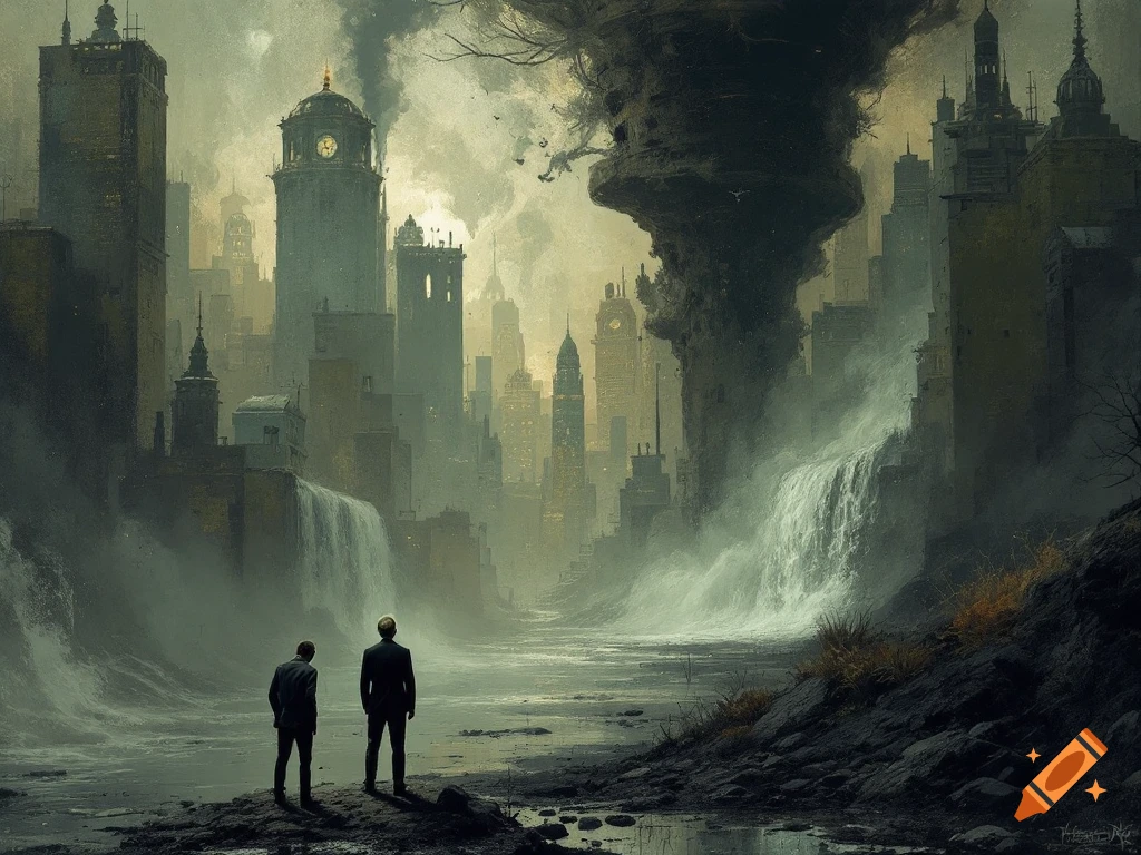 Two figures stand on rocks looking at a flooded dystopian city with waterfalls and a dark swirling cloud overhead. Atmospheric style.