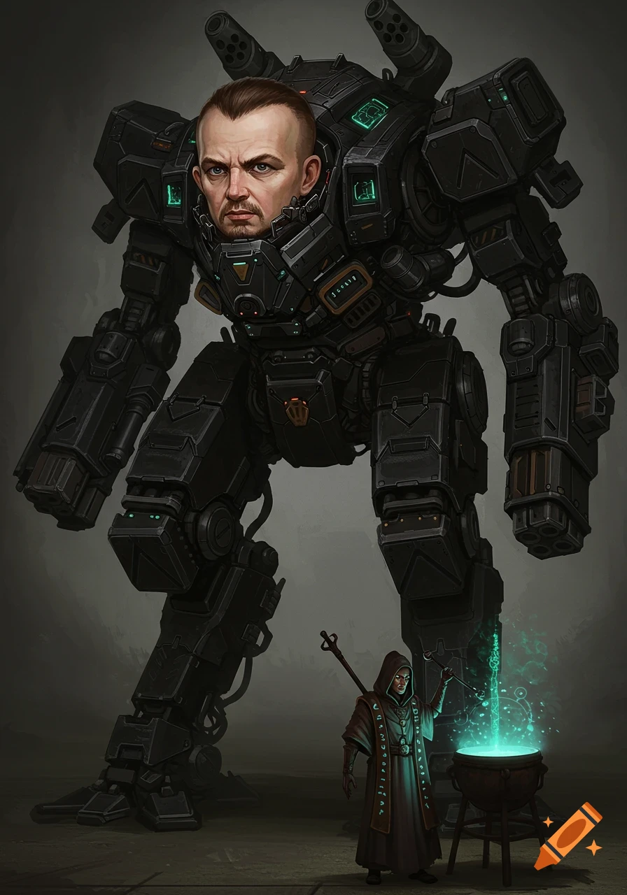 A large black mech with a human head stands beside a wizard holding a staff over a glowing cauldron, in a sci-fi fantasy style.