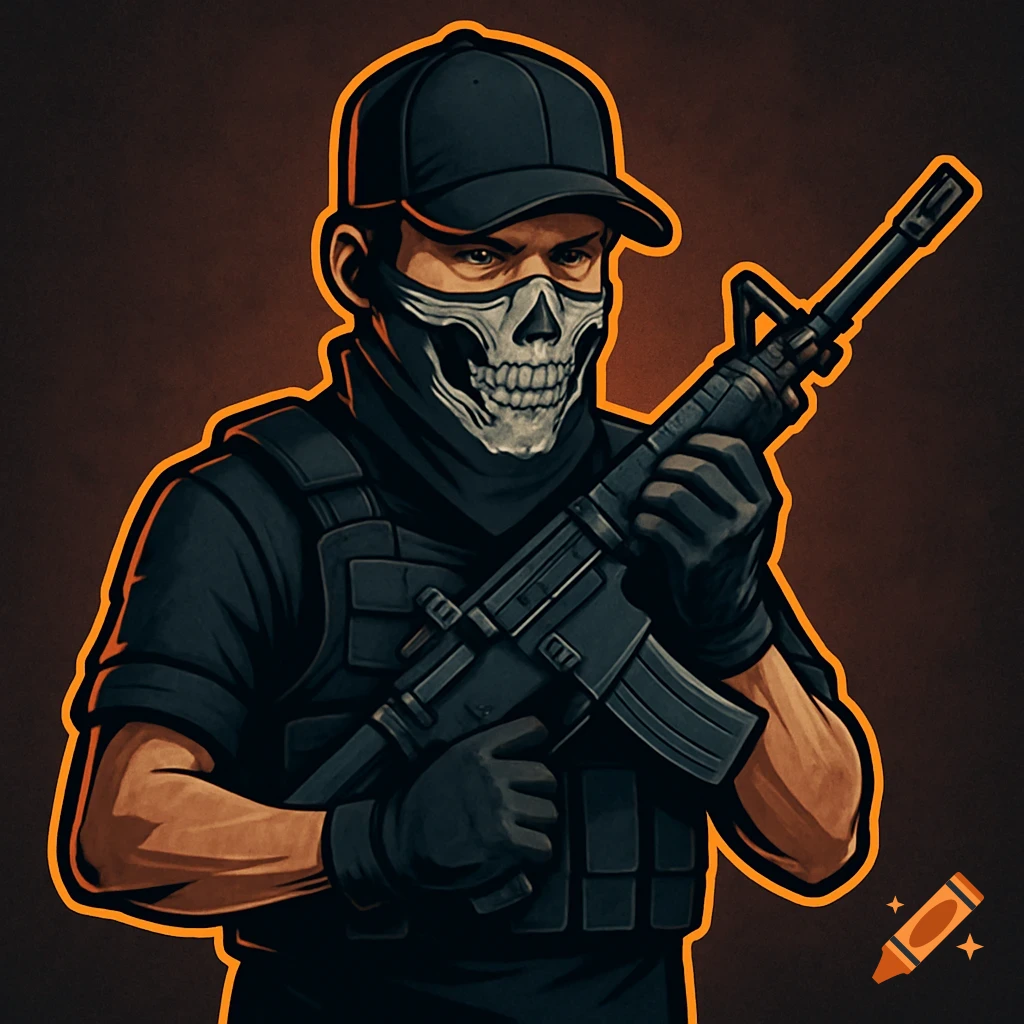 Stylized illustration of a man in tactical gear and skull mask holding a rifle.