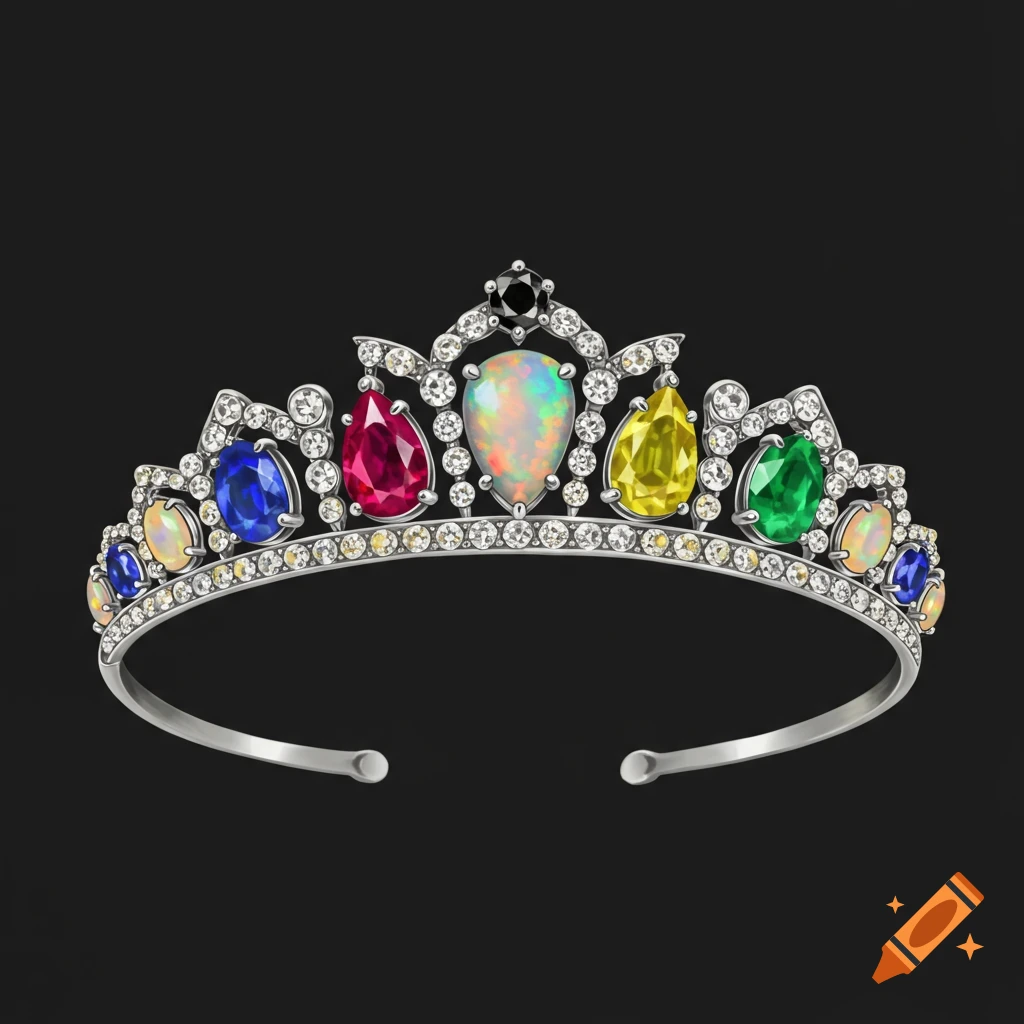 A silver tiara adorned with colorful gemstones on a black background