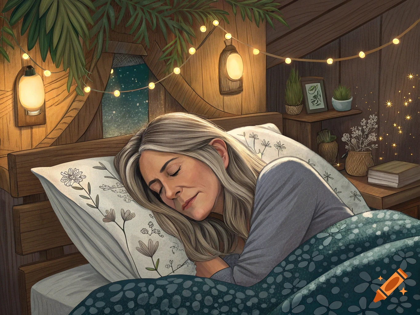 A woman with blonde hair sleeps soundly in a cozy bedroom with string lights, plants, and a patterned blanket.