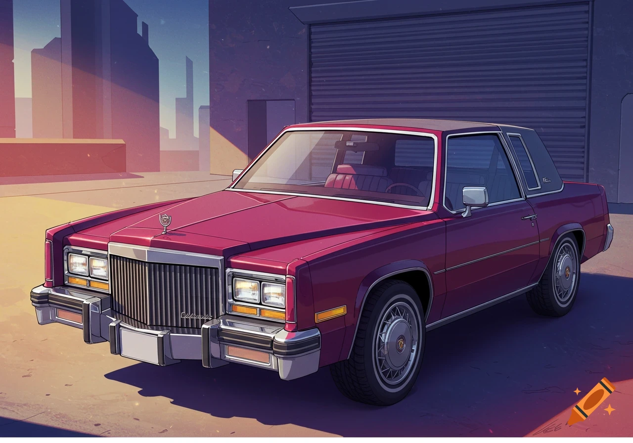 A pink Cadillac car is parked in front of a garage door with city buildings behind it, illustration style