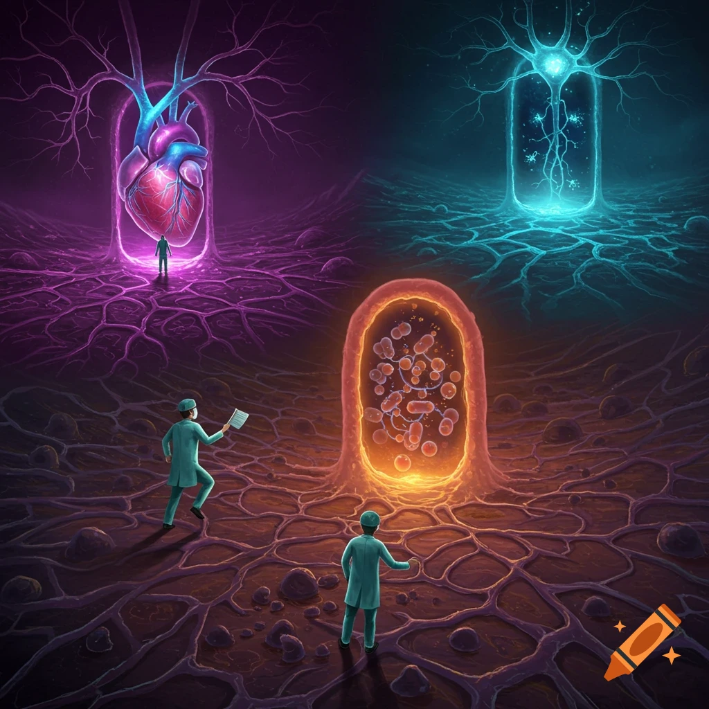 Figures in scrubs look at glowing portals representing a heart, microbes, and neurons in a biological landscape.