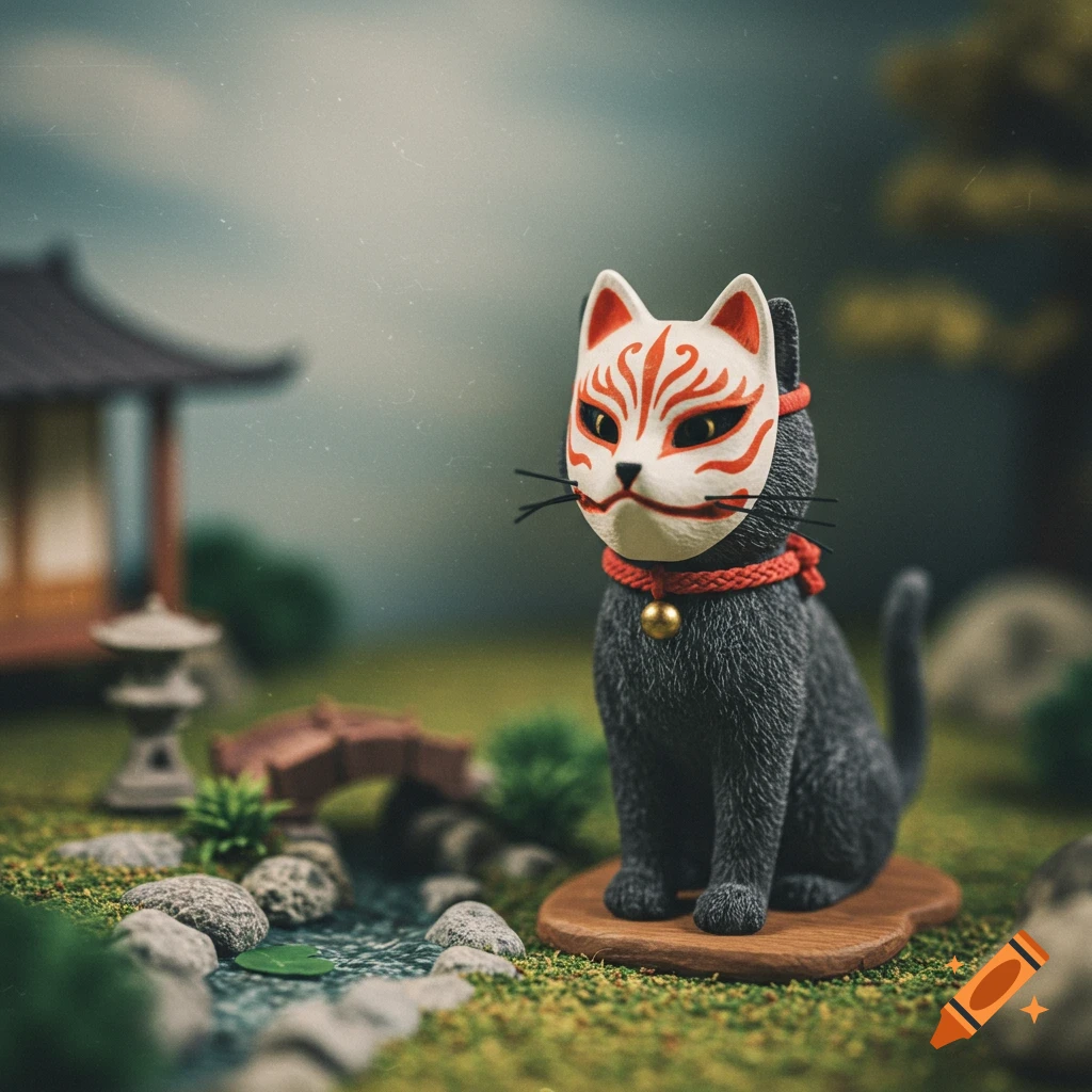A miniature model of a gray cat wearing a white and red kitsune mask in a small Japanese garden.