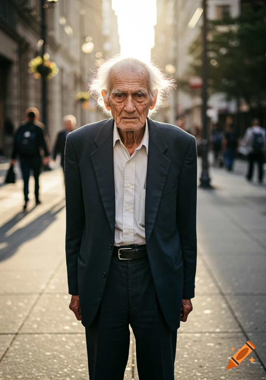 Photorealistic portrait of a very skinny elderly man standing on a sunlit sidewalk, looking directly at the camera.