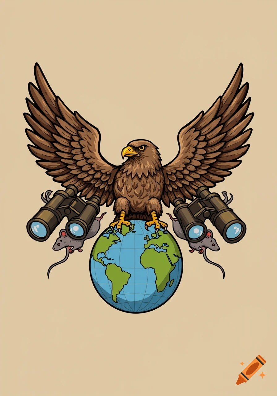 Cartoon illustration of an eagle perched on a globe, holding binoculars and mice.