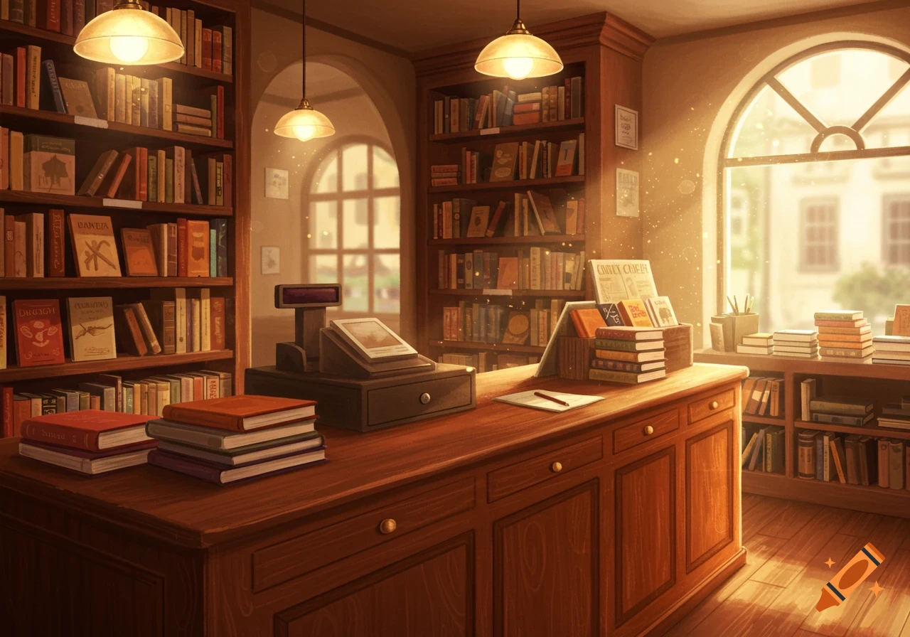 A cozy, warm-lit bookstore interior with wooden shelves full of books, a counter with a cash register, and sunlight streaming through arched windows.