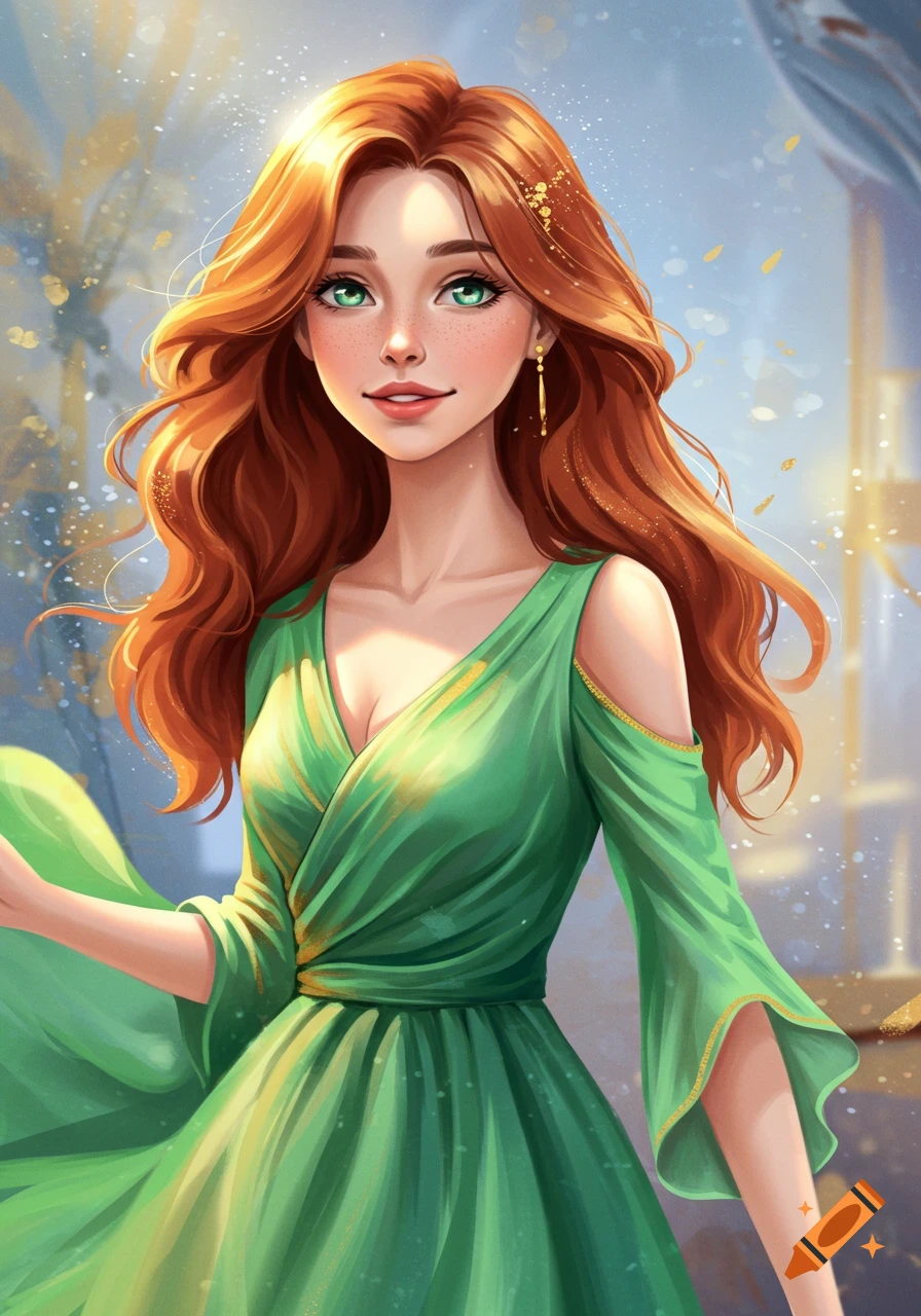 A stylized portrait of a red-haired woman in a green dress on Craiyon