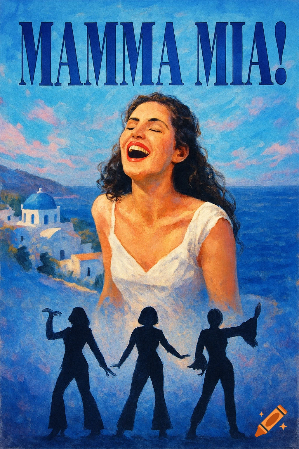 Painting of a woman singing under the text MAMMA MIA! with dancing silhouettes and Greek buildings by the sea.