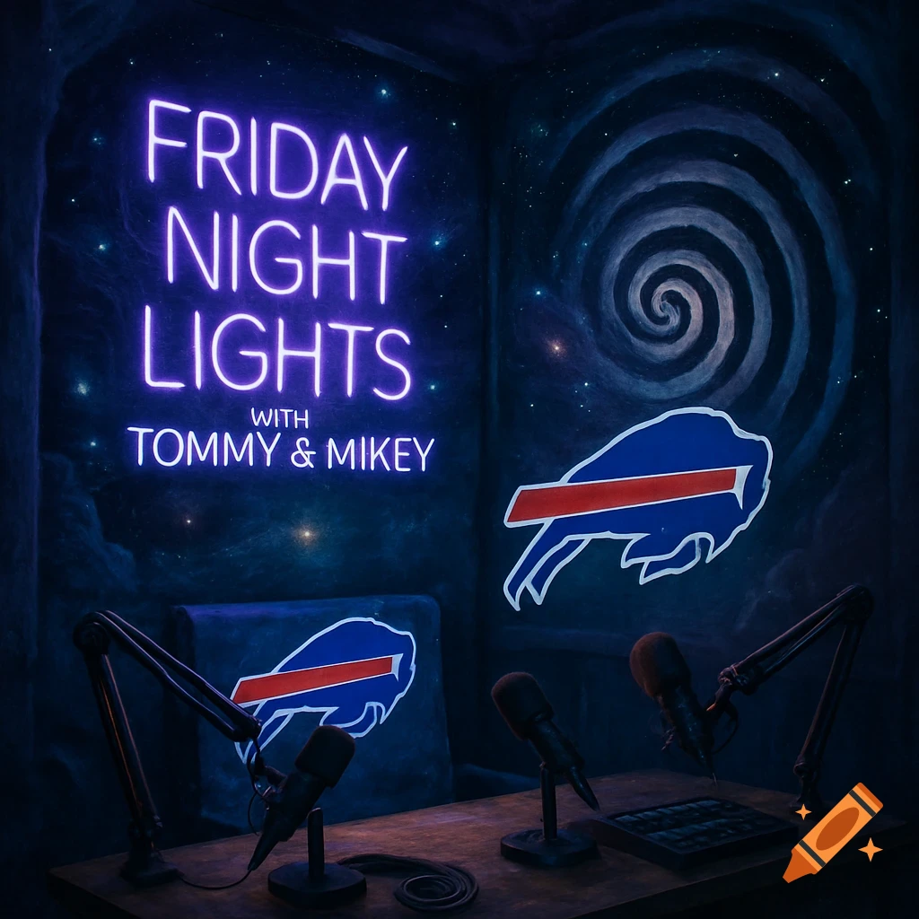 A dimly lit podcast studio with a purple neon sign reading 'Friday Night Lights with Tommy & Mikey', two microphones on a desk, Buffalo Bills logos, and a space-like swirl mural.