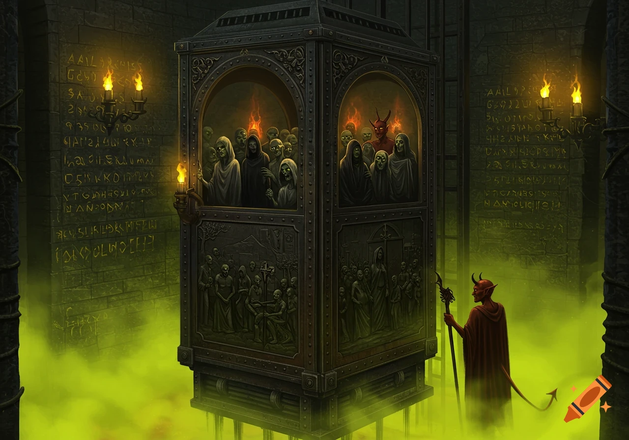 Stylized dark fantasy painting of an ornate metal elevator/cage in a gloomy chamber, filled with skeletal figures and guarded by a demon.