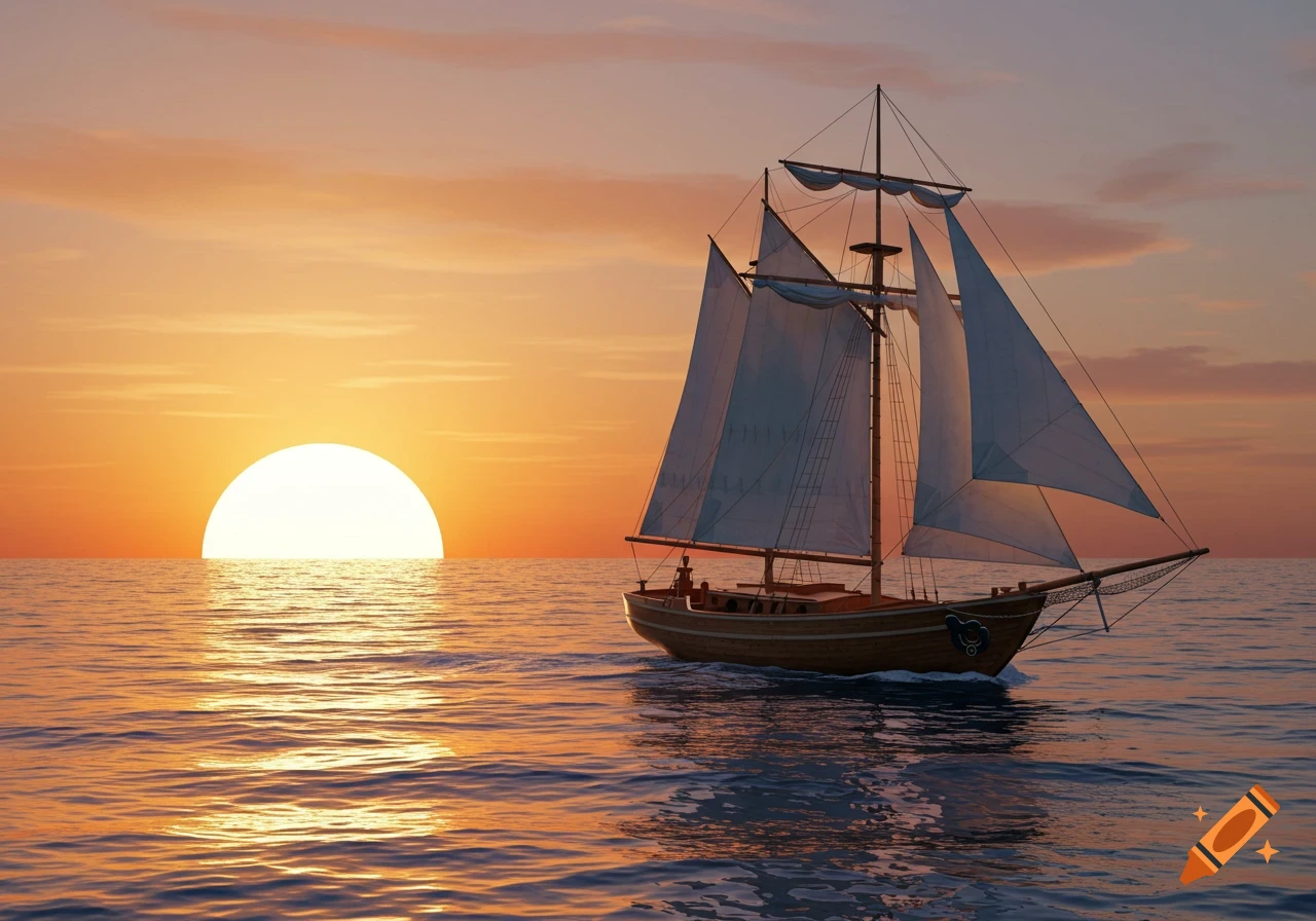 A sailboat on the ocean at sunset.