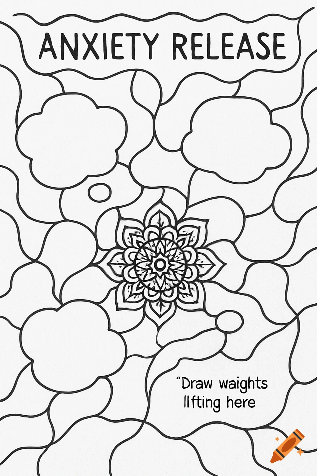 Black and white line drawing coloring page titled ANXIETY RELEASE with mandala, clouds, and wavy lines.