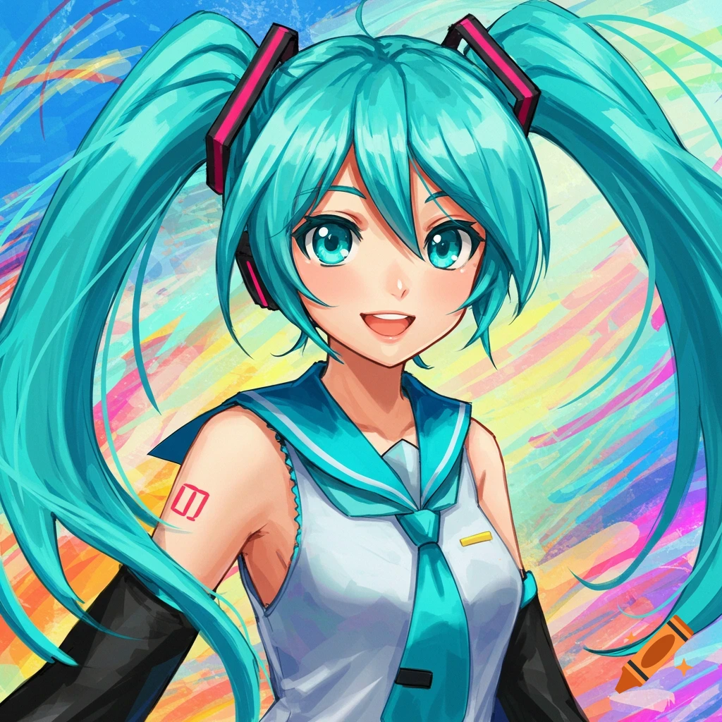Portrait of anime character Hatsune Miku with long blue pigtails in her signature school uniform against a colorful background.