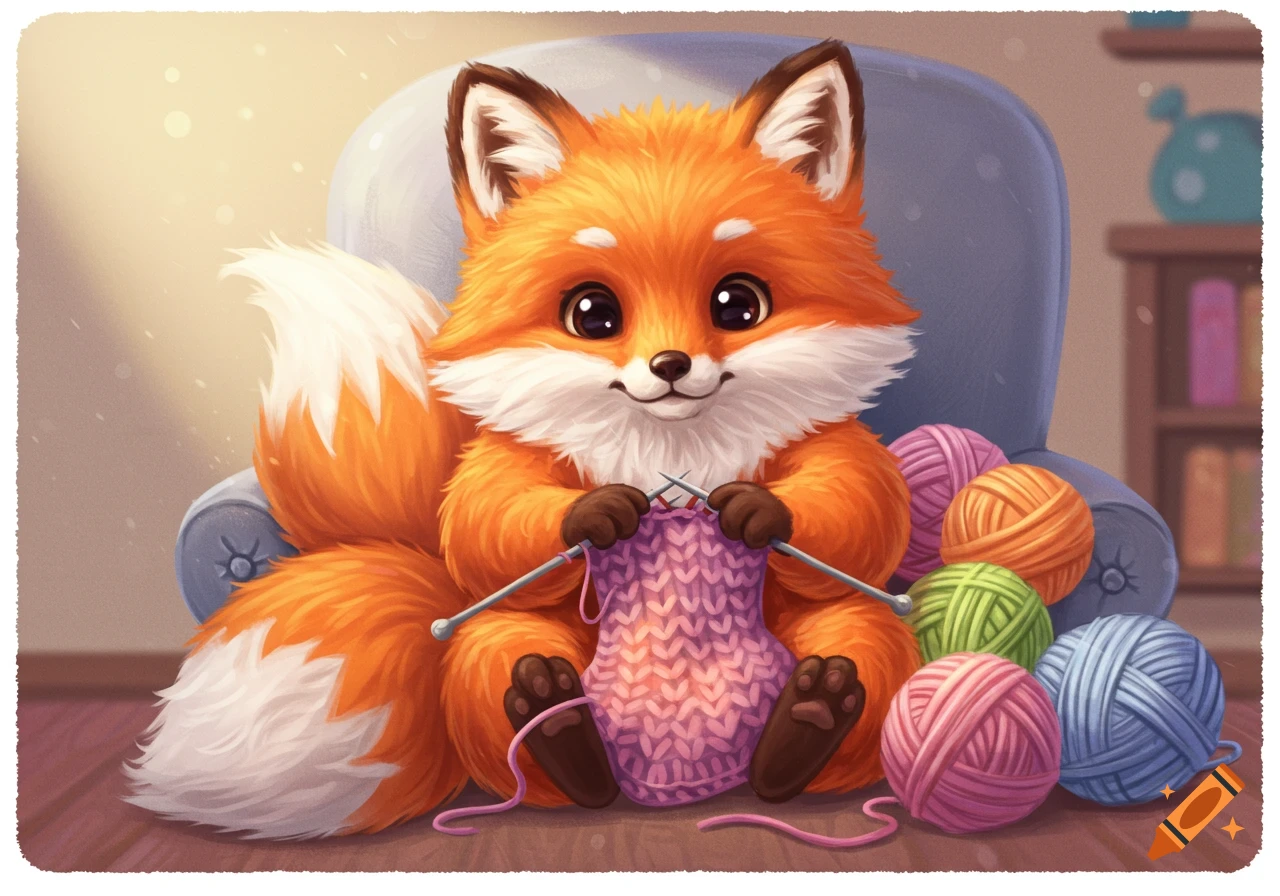 Cute illustration of a fox sitting in a chair, knitting with pink yarn, surrounded by colorful balls of yarn.