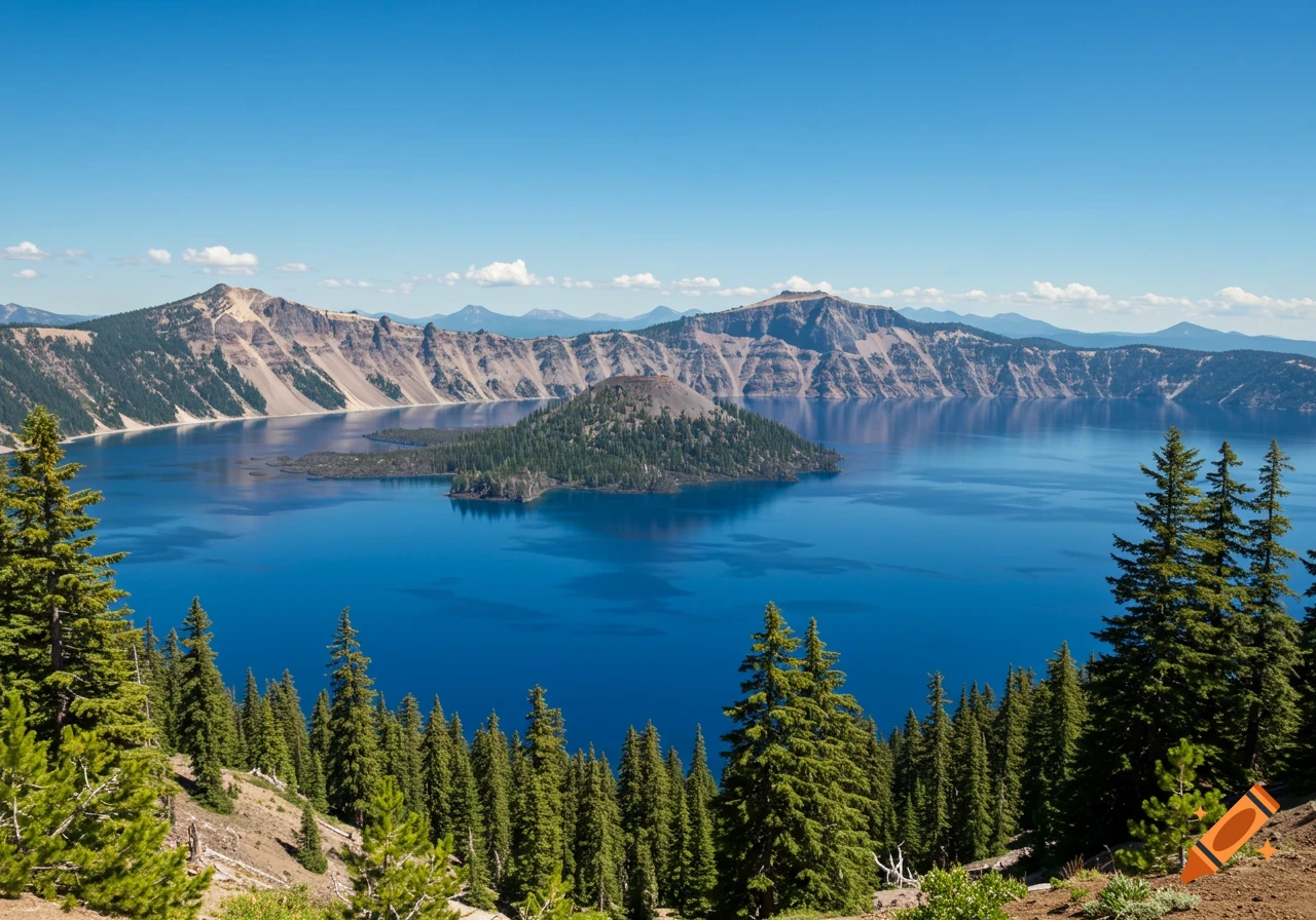 Panoramic view of Crater Lake with Wizard Island, surrounded by forested mountains under a clear blue sky.