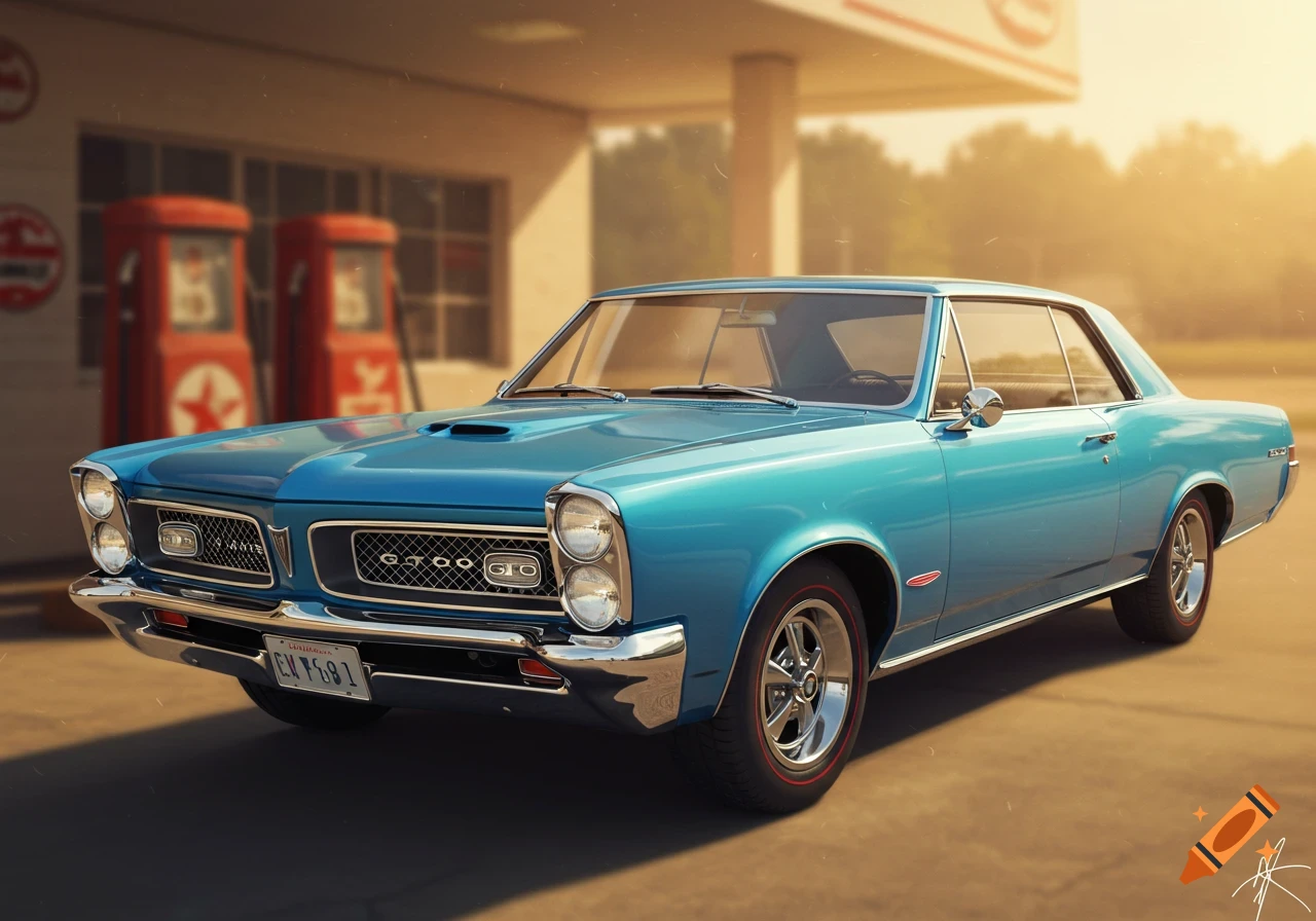 A blue classic Pontiac GTO parked at a gas station in sunlight.