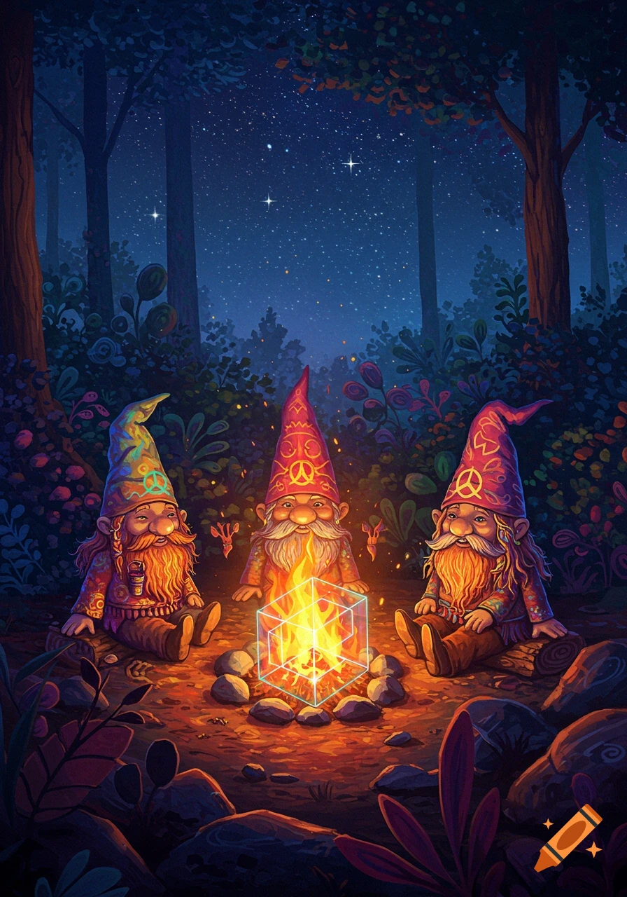 Three gnomes with colorful hats and clothes sit around a glowing hypercube campfire in a forest at night.