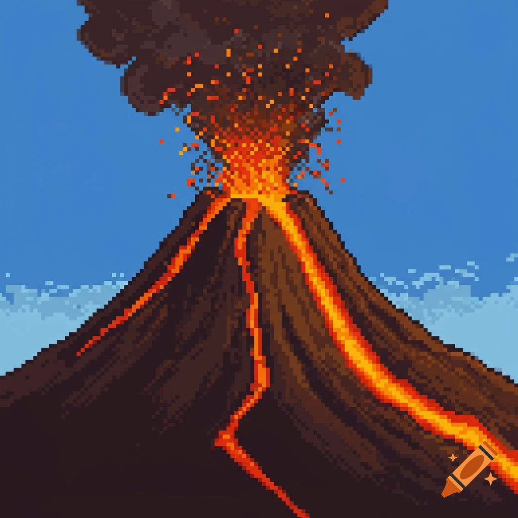 A pixelated volcano erupting with lava flow and smoke.