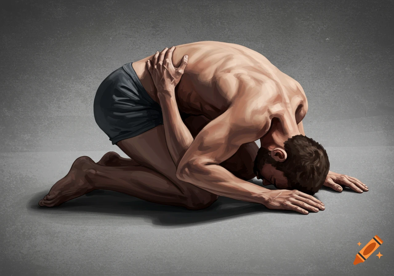 An illustration of a man in a fetal position on the ground, hunched over with his arms wrapped around his abdomen, head resting on the floor.
