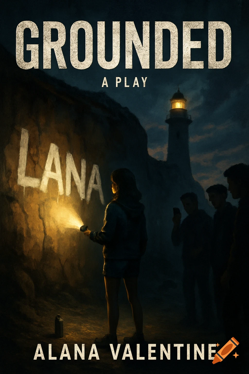 Dramatic book cover with a teenage girl and flashlight lighting up graffiti on a cliff face near a lighthouse at dusk.