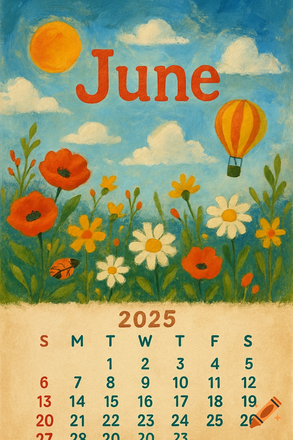 Painted style illustration of a June 2025 calendar page with flowers, a hot air balloon, and a sun.