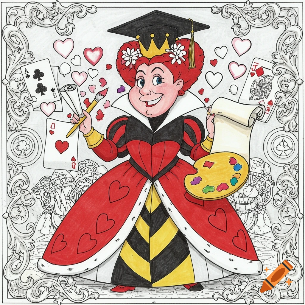 Queen of Hearts in a graduation cap with art supplies, surrounded by cards and hearts, in a coloring page style.