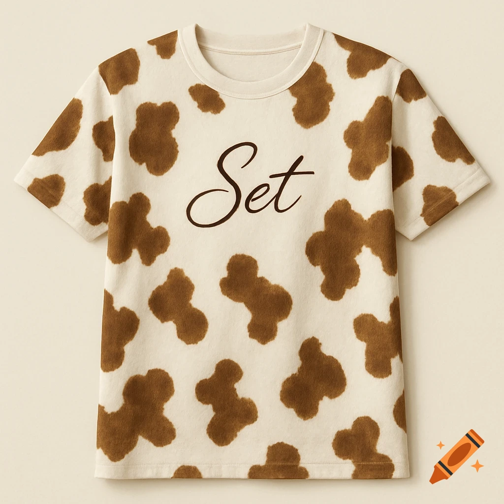 White t-shirt with brown cow print and 'Set' in cursive