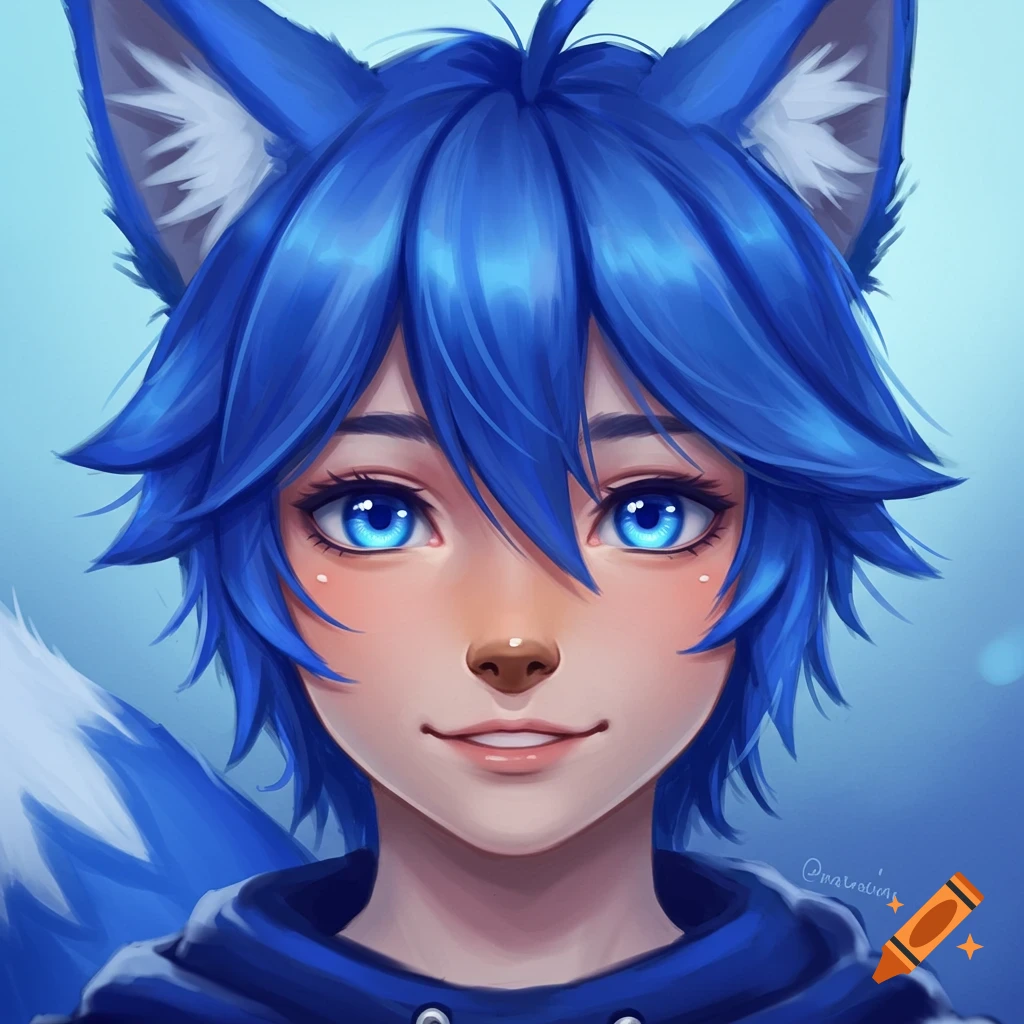 Close-up portrait of an anime-style blue fox boy with blue eyes and blue hair wearing a blue hoodie.