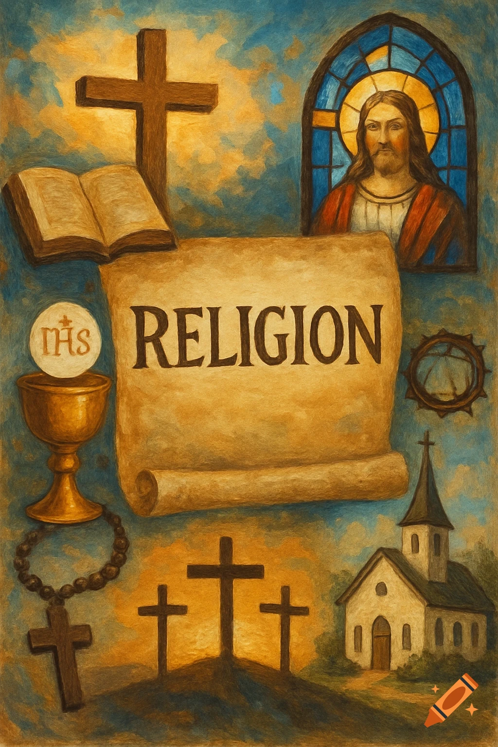 Christian symbols (crosses, bible, chalice, Jesus) around a scroll with ...