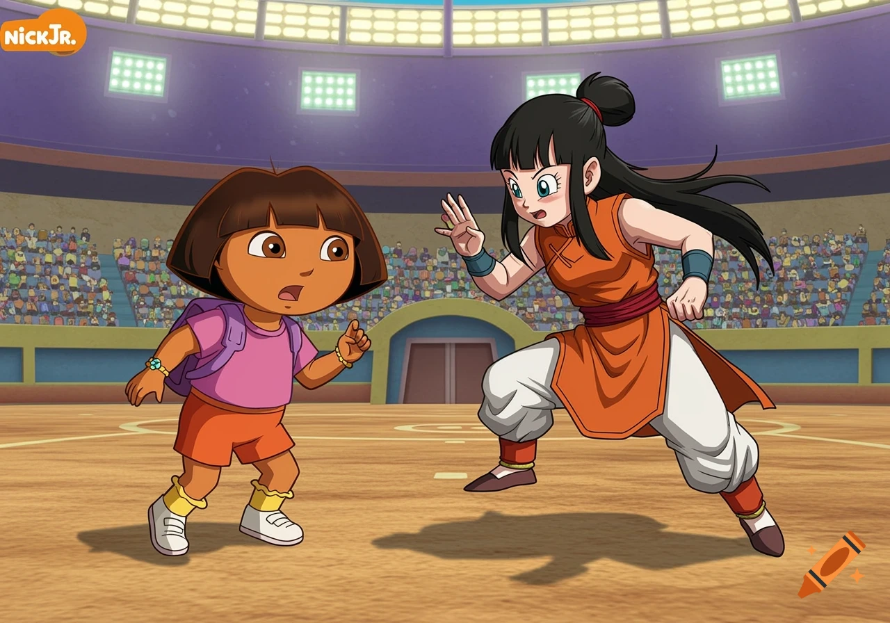 Dora the Explorer and Chi-Chi face off in a cartoon fighting arena.