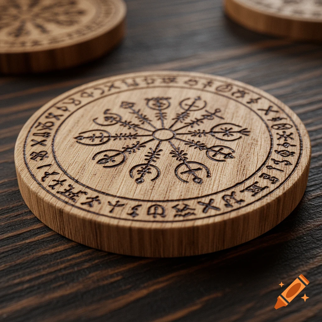 Close-up of a round wooden coaster with an engraved central sigil and symbols around the edge.
