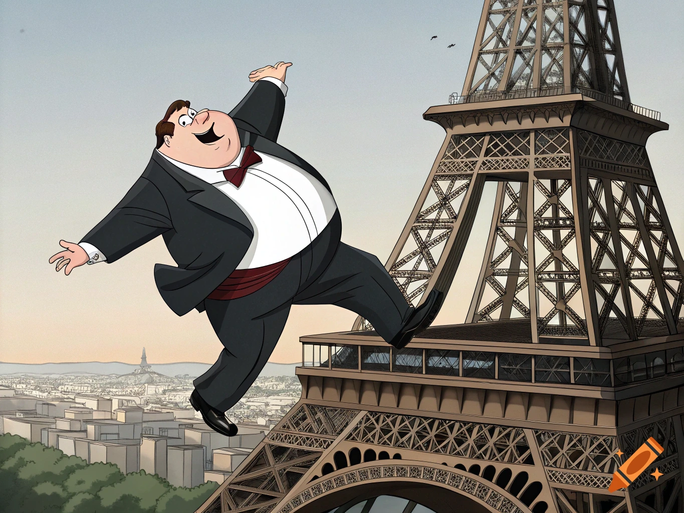 A cartoon character resembling Peter Griffin dances on the Eiffel Tower above a cityscape.